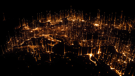 Earth with city lights and communication lines view from space at night.
World map texture credits to NASA.
https://visibleearth.nasa.gov/view.php?id=55167