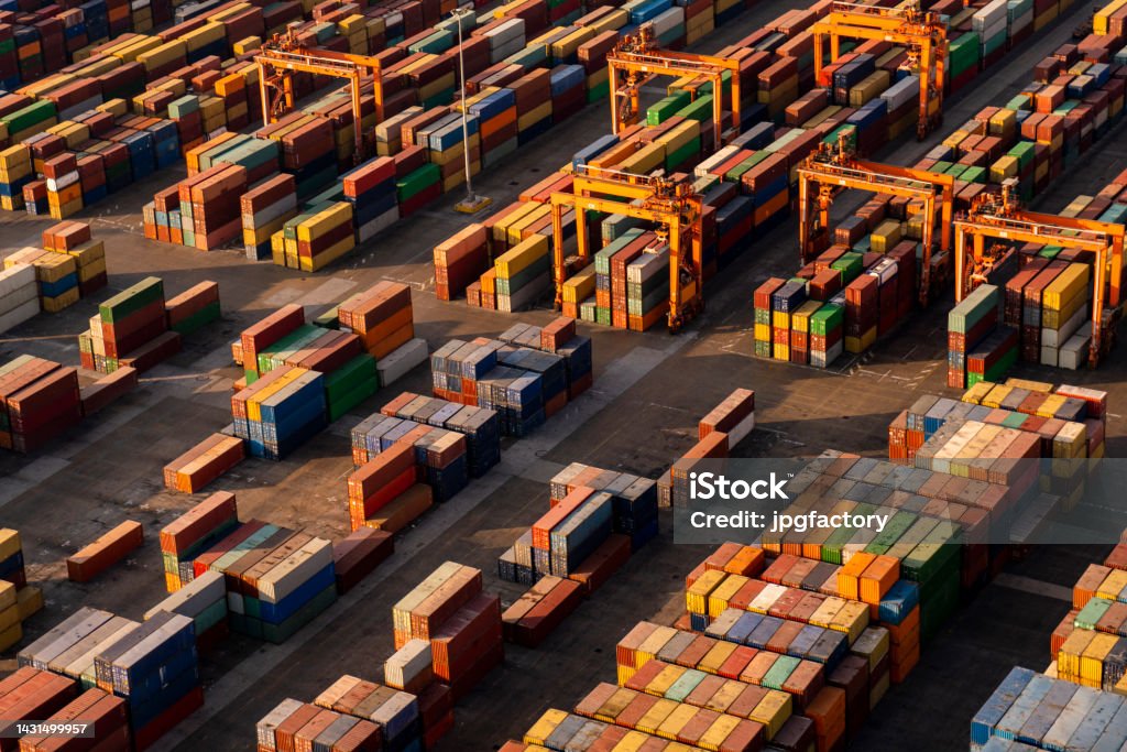 container port aerial look containers waiting in port  shot from above Freight Transportation Stock Photo