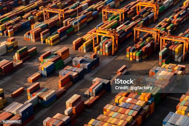 Container Port Aerial Look Stock Photo - Download Image Now - Freight Transportation, Commercial Dock, Warehouse