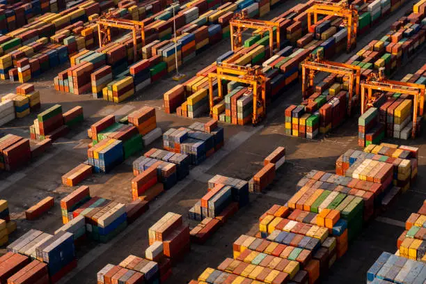 containers waiting in port  shot from above