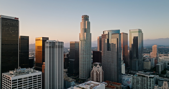 Aerial shot of Downtown Los Angeles, California at sunset.