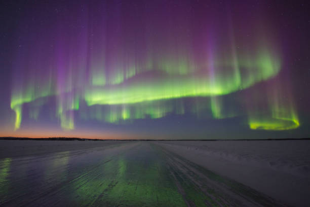 This bright display of northern lights seen just after sunset over the Tibbitt to Contwoyto Winter Road in the Northwest Territories, Canada.  This section of the road was well polished allowing some reflection.The Tibbitt to Contwoyto Winter Road is an annual ice road build to service mines and exploration activities in the Northwest Territories and Nunavut in the Canadian Arctic. Close to 600 km long, the road is said to be the world's longest heavy haul ice road and operates for eight to ten weeks starting in the last week of January. Most of the road (85%–87%) is built over frozen lakes, with the remaining built on over 64 land portages between lakes.The road is 50 m (160 ft) wide on the ice, but narrower on land portages ranging between 12-15 m (39-49 ft) wide. A thickness of 70 cm (28 in) of ice is required for light vehicle traffic, and 107 cm (42 in) for semi-truck traffic.