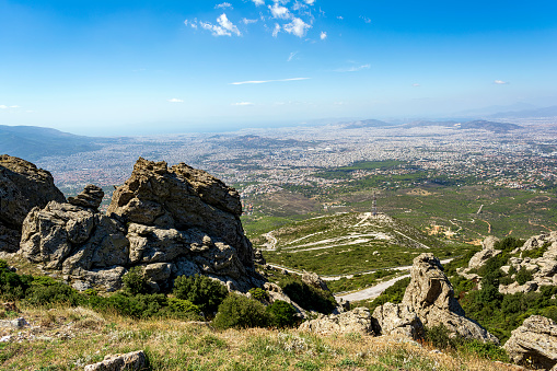 View from mountain peak of Penteli with great views of city of Athens, Attica, Greece.