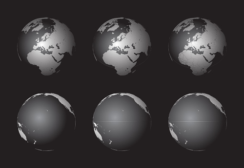 Set of Earth globes focusing on the Europe (top row) and the Pacific Ocean (bottom row). Carefully layered and grouped for easy editing. You can edit or remove separately the sphere, the lands, the borders of countries, and the background.