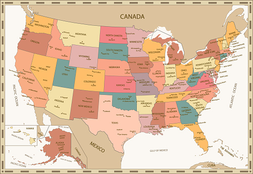 Old retro color map of United States. Highly detailed editable political map.
