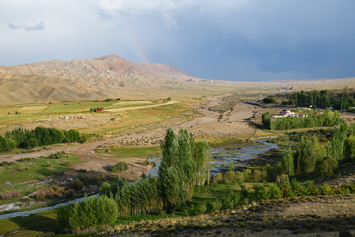 Countryside landscape of the Lake Issyk-Kul north coast, Tien Shan, Kyrgyzstan