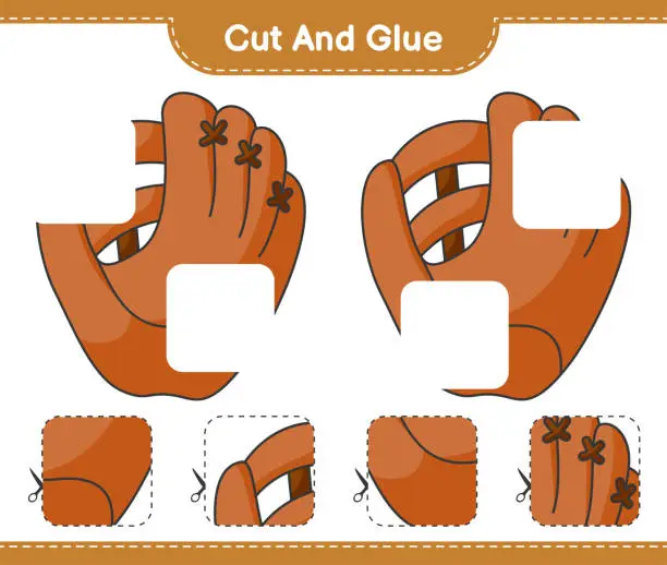 Vector illustration of Cut and glue, cut parts of Baseball Glove and glue them. Educational children game, printable worksheet, vector illustration