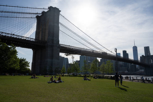 brooklyn bridge and brooklyn bridge park in summer - brooklyn bridge bridge brooklyn stone imagens e fotografias de stock