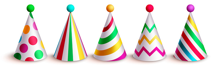 Birthday hat vector set design. Birthday hats colorful collection with dots and stripe pattern for kids party elements. Vector Illustration.