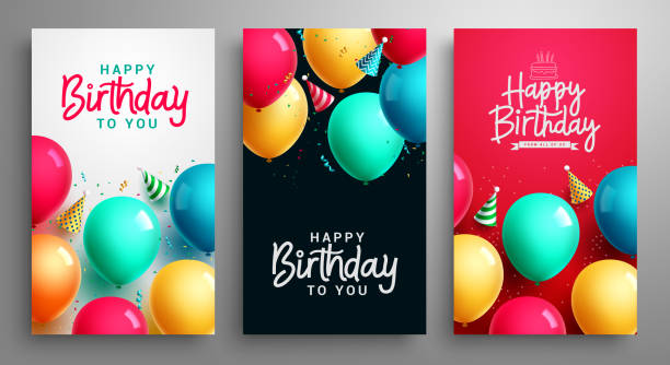 ilustrações, clipart, desenhos animados e ícones de feliz aniversário pôster definir projeto vetor. coleção de textos de saudação de aniversário com balões e elementos de confete - birthdays