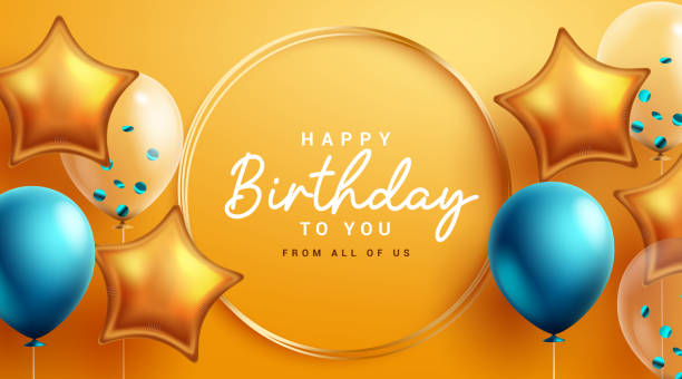 Happy birthday vector template design. Birthday text greeting card with party balloons elements in yellow empty space for typography. Happy birthday vector template design. Birthday text greeting card with party balloons elements in yellow empty space for typography. Vector Illustration. birthday card stock illustrations