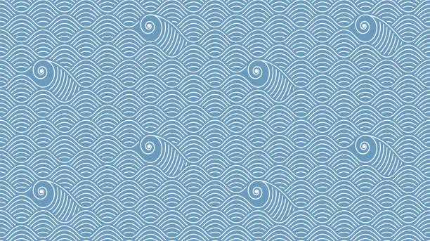 Vector illustration of Seamless pattern with a wave white pattern and swirls on a blue background