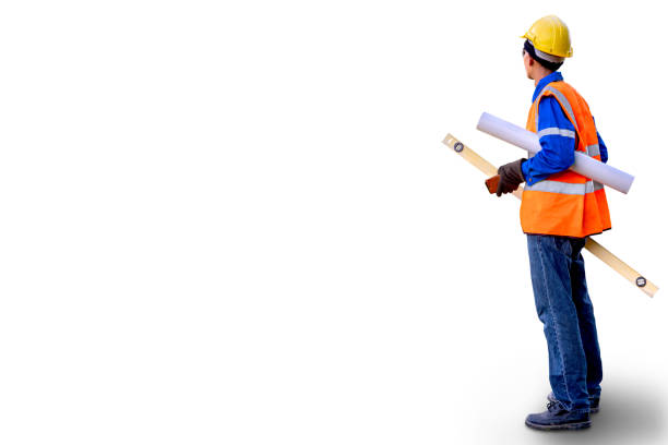 Thai people, engineers, white background Stock image of a male construction worker on a white background with blank spaces for use.