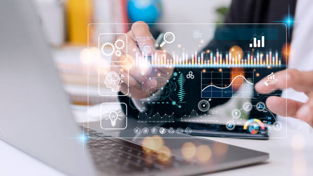 data scientists. man programmer using laptop analyzing and development at various information on futuristic virtual interface screen. algorithm. marketing and deep learning of artificial intelligence - diagram computer network network server network security imagens e fotografias de stock