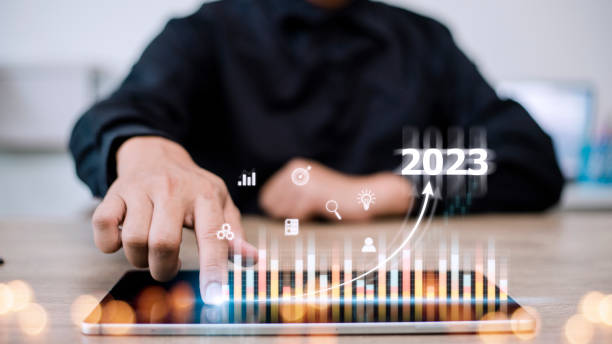 istock Business and Technology target set goals and achievement in 2023 new year resolution statistics graph rising revenue, planning to start up strategy, icon concept 1431548885