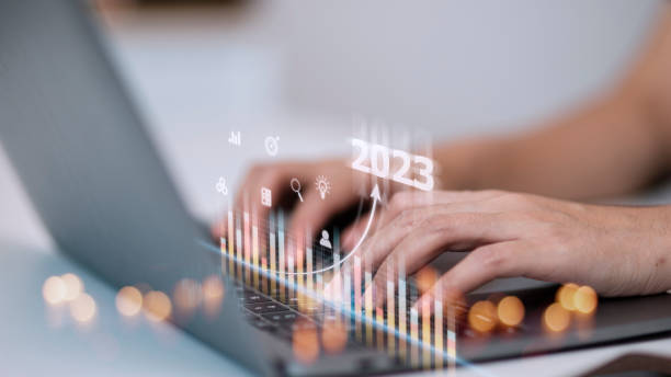 istock Business and Technology target set goals and achievement in 2023 new year resolution statistics graph rising revenue, planning to start up strategy, icon concept 1431548892