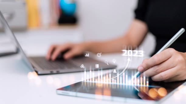 istock Business and Technology target set goals and achievement in 2023 new year resolution statistics graph rising revenue, planning to start up strategy, icon concept 1431548901