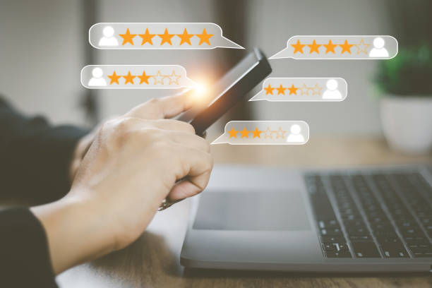 istock Customer service and Satisfaction concept women's hands doing online assessments in the satisfaction rating the popular service company allows customers in order to improve and develop the organization 1431549802