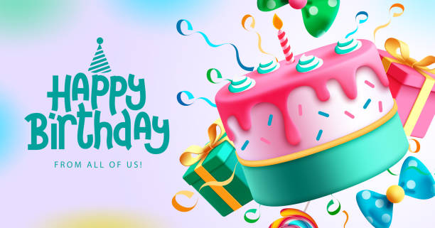 ilustraciones, imágenes clip art, dibujos animados e iconos de stock de diseño de fondo vectorial de pastel de cumpleaños. texto de saludo de feliz cumpleaños con deliciosa decoración de elementos de pastel - cumpleaños