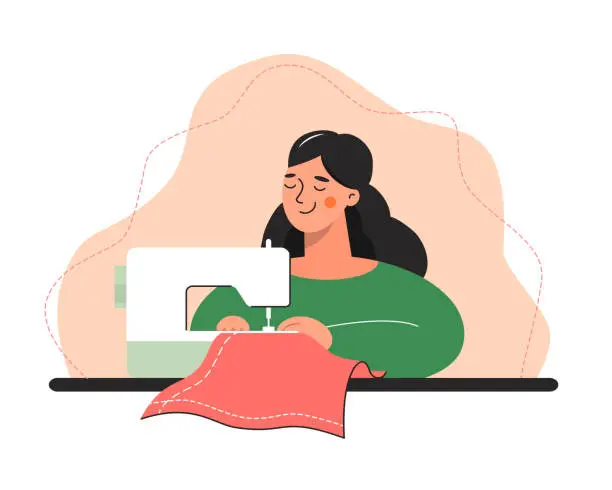 Vector illustration of Woman seamstress at her workplace with sewing machine. Fashion designer, dressmaker. Vector illustration on white background for Cutting and sewing courses