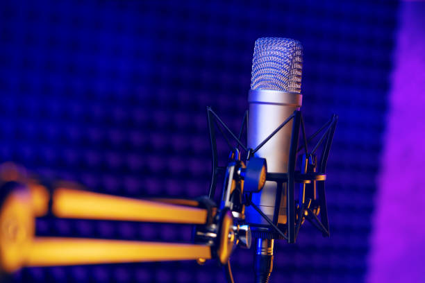 istock Close up of professional microphone in recording studio 1431554403