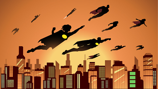A silhouette vector illustration of a league of superhero flying above a cityscape. Easy to grab and edit.