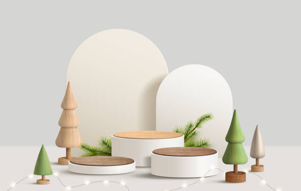 istock Realistic 3D minimal Christmas template. wood pedestal or stand podium for show product display. Christmas tree wood decoration on white background. 1431556563