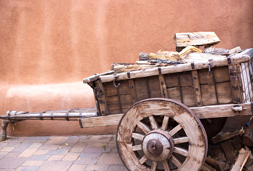 Santa Fe, NM: Wood on Old Cart, Adobe Wall