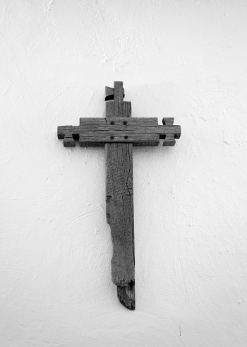 Rustic Wood Religious Cross on White Wall