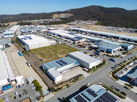 Aerial view of light industrial development and warehouses in south-east Queensland