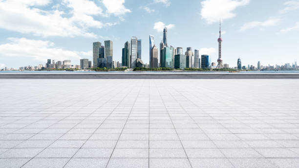 istock Panoramic skyline of Shanghai and Huangpu river, and empty floor 1431561385