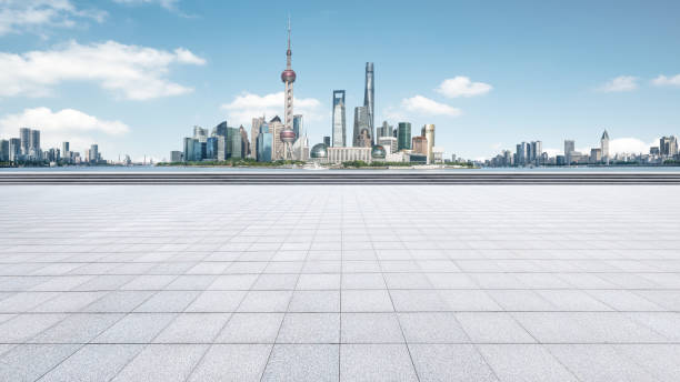 istock Panoramic skyline of Shanghai and Huangpu river, and empty floor 1431561386