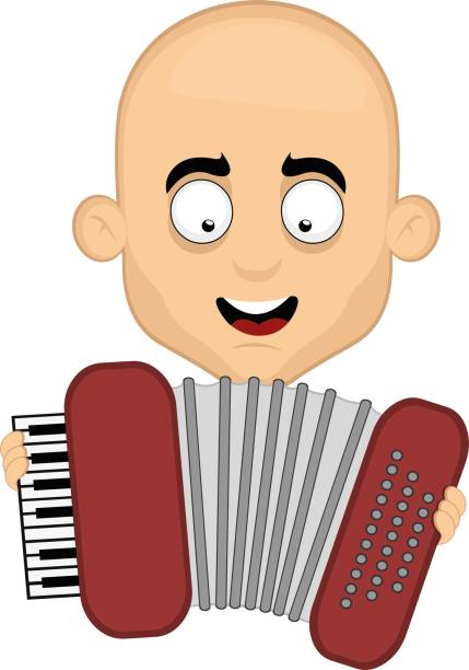 vector man cartoon gra na akordeonie instrument muzyczny - balding completely bald men retro revival stock illustrations