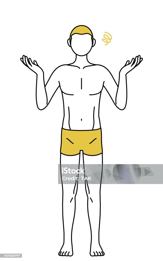 Dibujo de línea de un hombre con el pelo depilado, posa en apuros con los brazos extendidos - arte vectorial de A la moda libre de derechos Dibujo de línea de un hombre con el pelo depilado, posa en apuros con los brazos extendidos - arte vectorial de A la moda libre de derechos