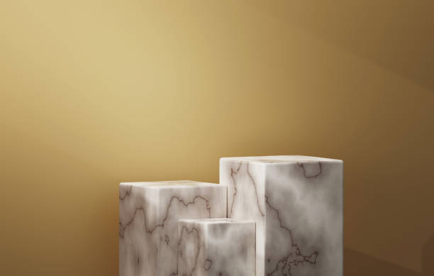 istock Abstract geometric marble polygonal base podium shelf on gold color background 1431573466