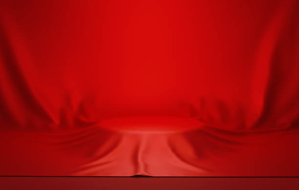 istock Round plinth covered red silk on abstract red background. 1431573479