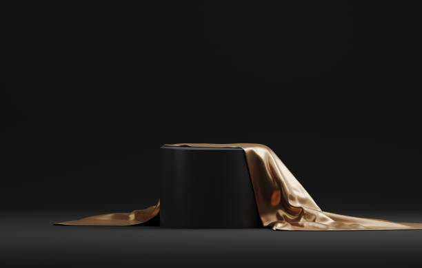 istock Round podium base with gold silk on luxury black abstract background 1431573486