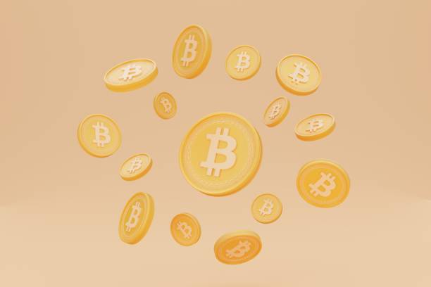 3D rendering of golden cryptocurrency coin on glod background. Blockchain cryptocurrency digital currency concept, Bitcoin, Binance, Ethereum, BTC, BNB, ETH.