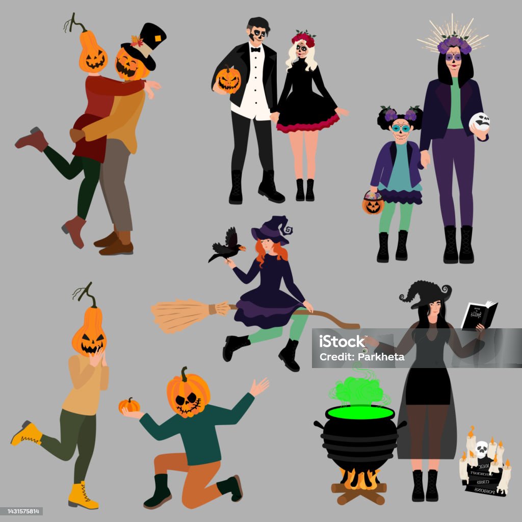 Crowd Of Tiny People Dressed In Halloween Costumes Stock Illustration -  Download Image Now - Trick Or Treat, Adult, Anthropomorphic Face - iStock