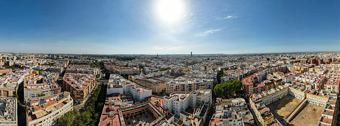 Aerial panoramic view of Seville city, Spain.