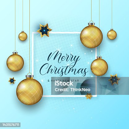 istock Christmas card design with hanging Christmas ball, 1431576711