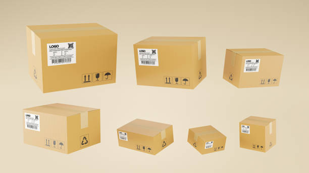 istock 3D render of realistic cardboard brown delivery boxes mockup set from side, front and top view open and closed isolated on brown background. delivery cargo box with fragile care sign symbol, handling with care. Parcel packaging template. 1431576784