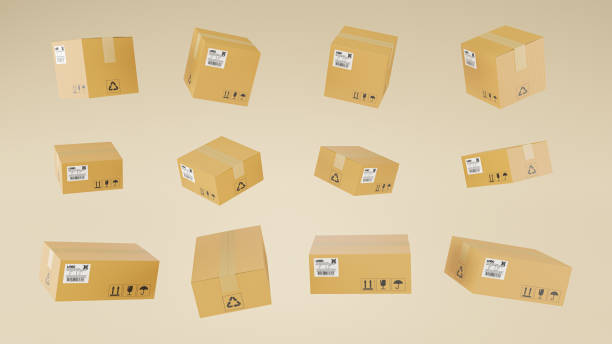 3D render of realistic cardboard brown delivery boxes mockup set from side, front and top view open and closed isolated on brown background. delivery cargo box with fragile care sign symbol, handling with care. Parcel packaging template.