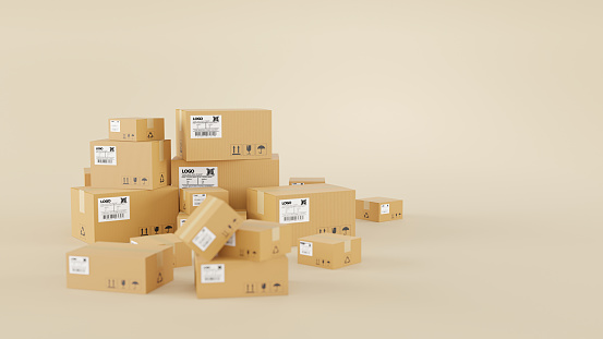 3D render of pile of stacked realistic cardboard brown delivery boxes mockup on brown background. delivery cargo box with fragile care sign symbol, handling with care. Parcel packaging template.