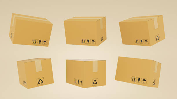 istock 3D render of realistic cardboard brown delivery boxes mockup set from side, front and top view open and closed isolated on brown background. delivery cargo box with fragile care sign symbol, handling with care. Parcel packaging template. 1431577326