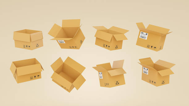 istock 3D render of realistic cardboard brown delivery boxes mockup set closed isolated on brown background. delivery cargo box with fragile care sign symbol, handling with care. Parcel packaging template. 1431577390