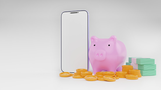 3D render of realistic pink piggy bank pig sideways with stack of dollar coins and smartphone with empty space for the text. Concept of financial savings, success, growth, Earning profit.