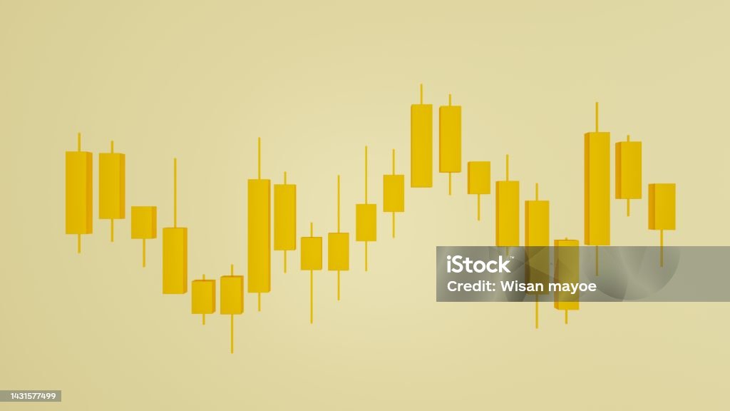3d rendering of gold candlestick chart isolated on Yellow background. financial and stock markets, trading cryptocurrency concept, investment trading, forex. Candlestick Holder Stock Photo