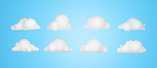 3D render of set isolated white cartoon clouds on blue background. fluffy clouds icon in the blue sky, Various white cloud shapes.