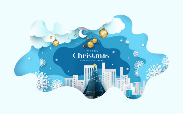 ilustraciones, imágenes clip art, dibujos animados e iconos de stock de feliz navidad paisaje urbano papel arte fondo - christmas christmas tree snowing blue